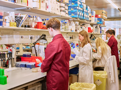Researchers in a lab smiling in lab coats working
