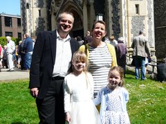 Jane Leahy, blood cancer patient, with her family in front of a church.