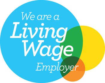 A circular, blue, orange and yellow logo, that says 'we are a living wage employer.'