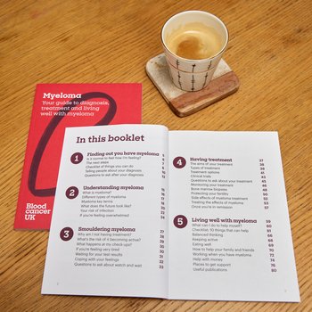 Myeloma information booklet showing the front cover and contents page