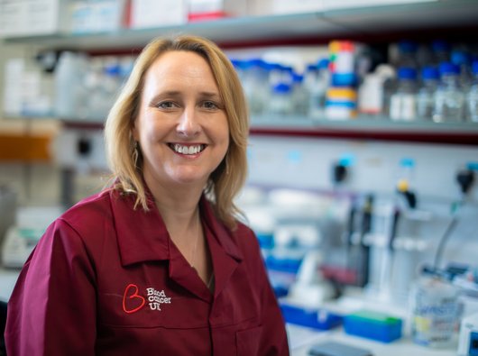 Professor Michelle West in a Blood Cancer UK lab coat