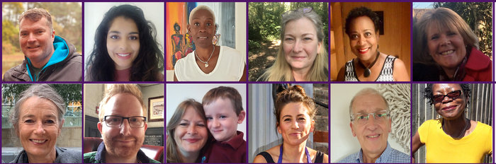 A composite photo consisting of 12 headshots of members of Blood Cancer UK's Research Strategy Patient Panel.