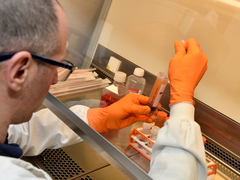 A researcher in a laboratory holding a vial filled with blood and a pipette