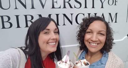 Natalie who was diagnosed with acute myeloid leukaemia (AML) with best friend Samantha holding ice creams at a Blood Cancer UK event.