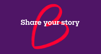 Red Blood Cancer UK heart logo on an aubergine coloured background with white text in the foreground reading 'Share your story'.