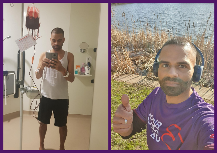 To the left of the frame, a man takes a selfie wired up to a drip; to the right, he wears a Blood Cancer UK T shirt and gives the thumbs up.