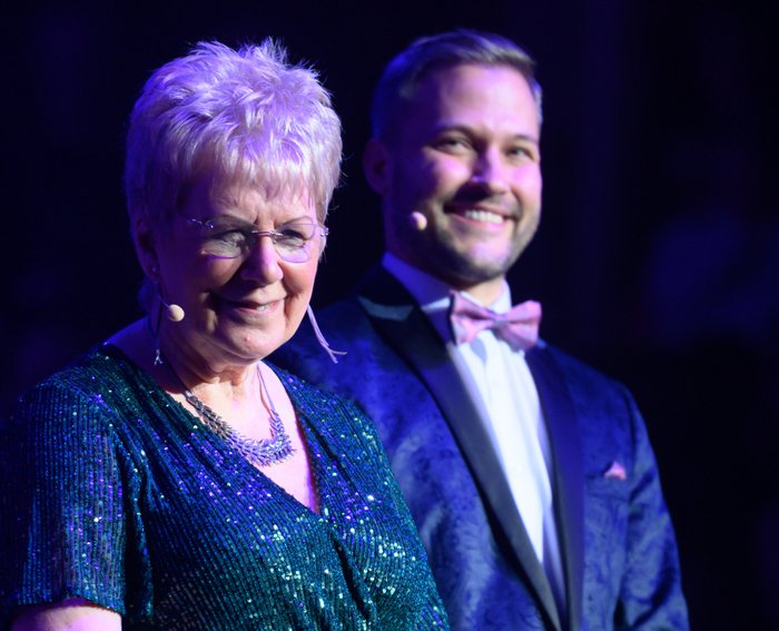 Sylvia Gaunt, daughter of Blood Cancer UK's founders David and Hilda Eastwood, speaking on stage at the Royal Albert Hall.
