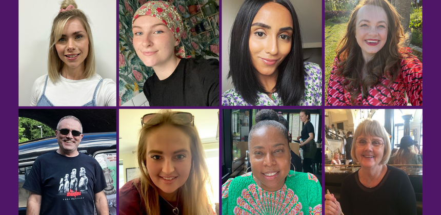 A collage of a group of eight people, all smiling, as part of the #SayBloodCancer campaign.