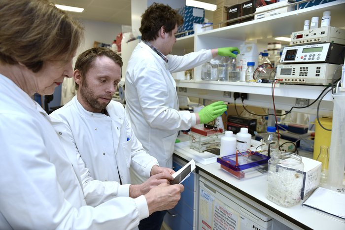 Three scientists check over some results on a report in a lab, surrounded by equipment.