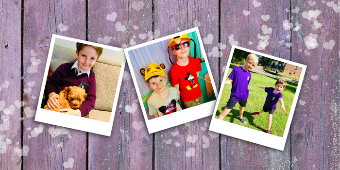 Three poloroid style photos of Hugo. In the left photo Hugo is sat with his dog on the sofa, in the middle photo his is with his brother wearing yellow hats, in the right image he is stood on some grass in a purple jumper with his brother, also in a purple jumper. Poloroids on top of a stylised wooden table backdrop.
