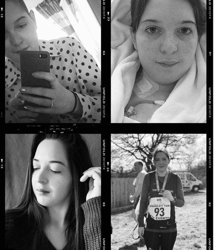 A film strip showing four shots of a woman 0- at home, in hospital, posing at the end of a marathon.